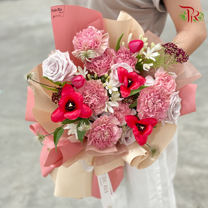 Premium Carnation Bouquet With Tulips And Roses (M size)-Pudu Ria Florist-prflorist.com.my