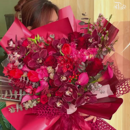 Assorted Flowers In Ruby Red Hand Bouquet (XL)
