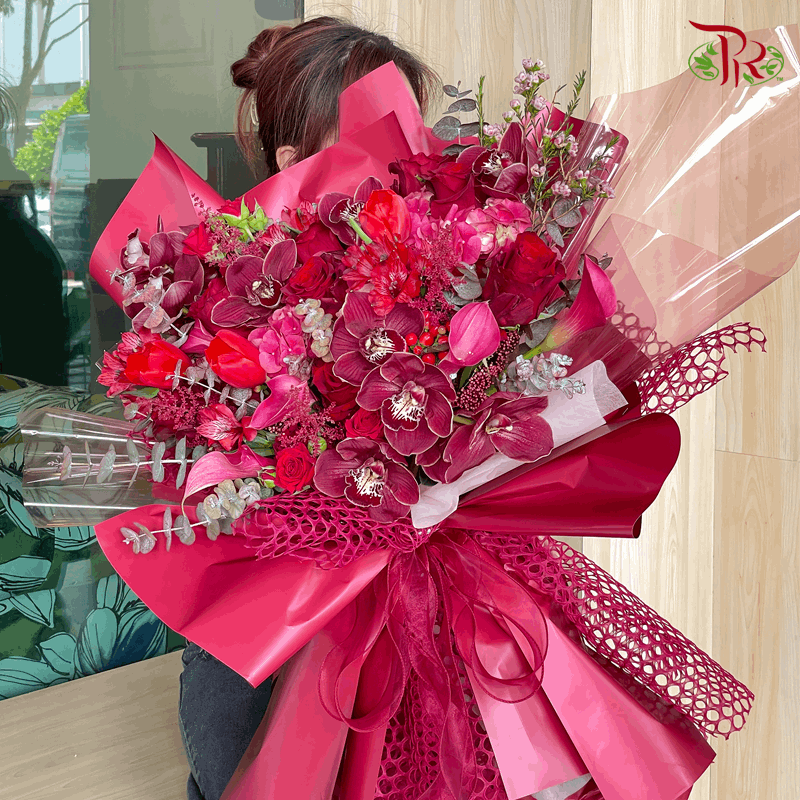 Assorted Flowers In Ruby Red Hand Bouquet (XL)