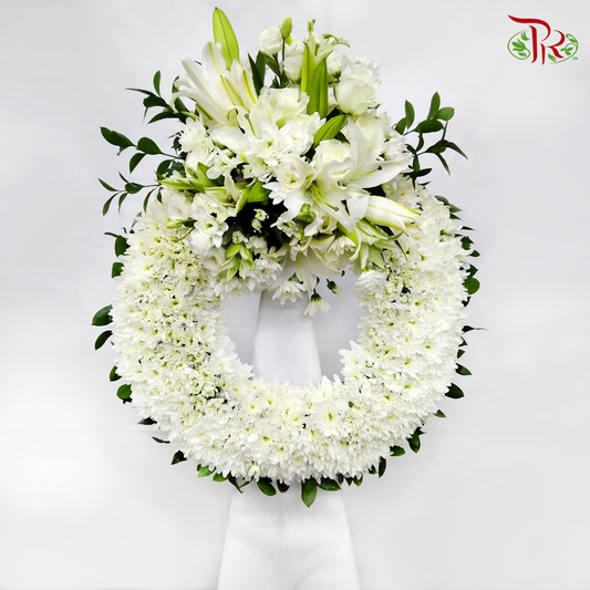 Round Wreath Condolence Stand In White Colour-Pudu Ria Florist-prflorist.com.my