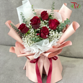 V16- 5 Stems Red Roses With Baby's Breath （Pink Wrapping)-Pudu Ria Florist-prflorist.com.my