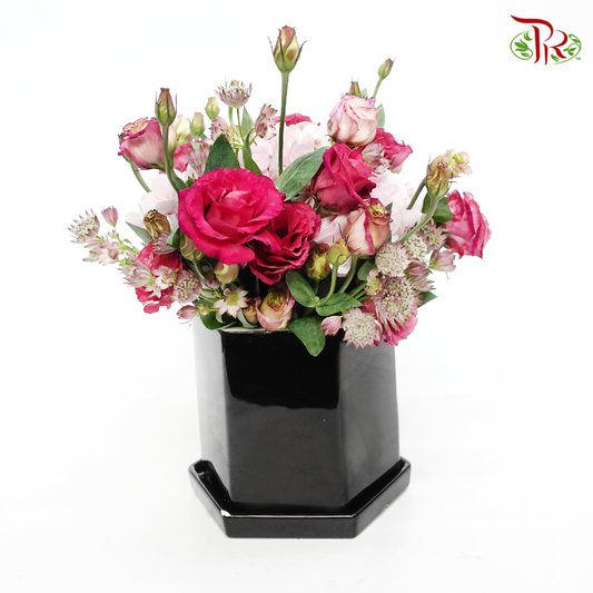 Floral Vase Arrangement In Pink And Black Vase