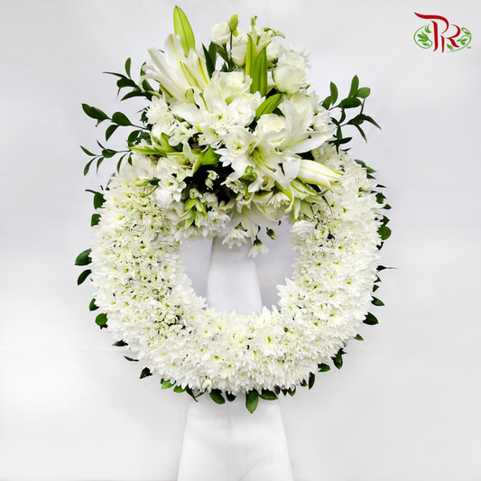 Round Wreath Condolence Stand In White Colour - Pudu Ria Florist